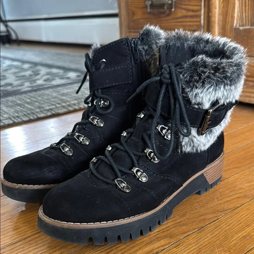 Fur trimmed lace up boots, like new.